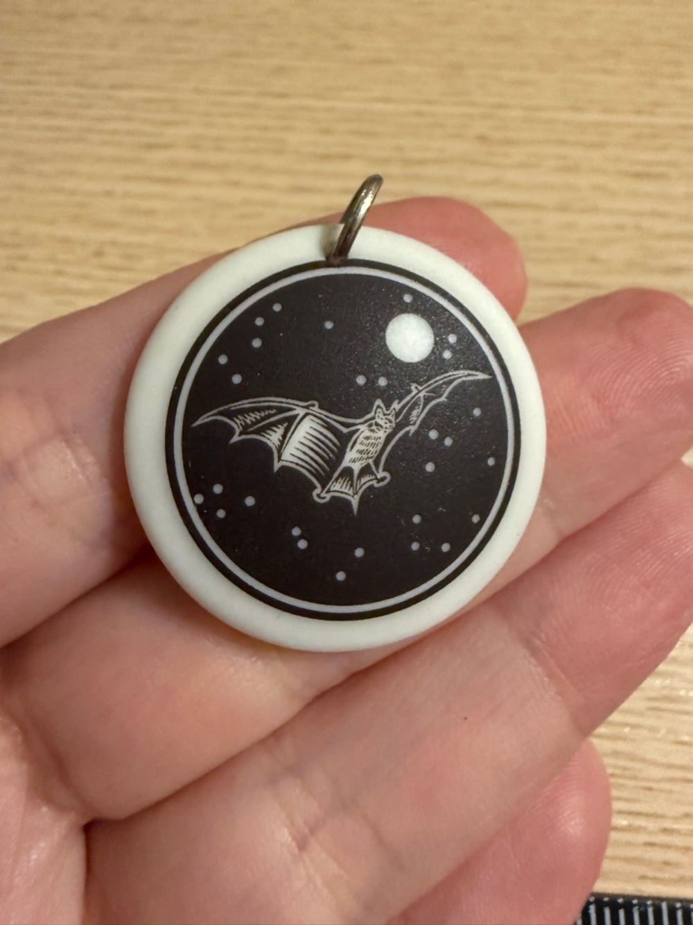 Gothic Bat Full Moon Ceramic Circle Pendant Black White Celestial Necklace Charm